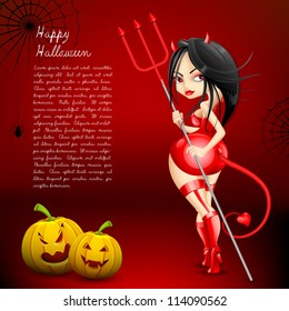 ilustración de bruja del diablo con calabaza de Halloween