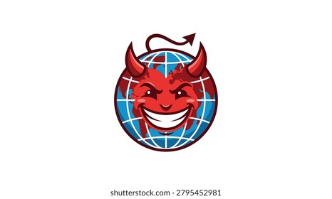 Illustration of a devilish smiling face with horns, superimposed on a globe