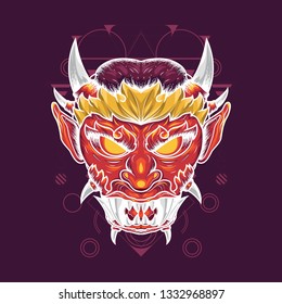 Illustration of devil's head with sharp horns and fangs. in bright red. Looks scary but still artistic