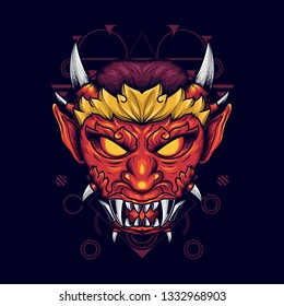 Illustration of devil's head with sharp horns and fangs in bright red. Looks scary but still artistic and good looking