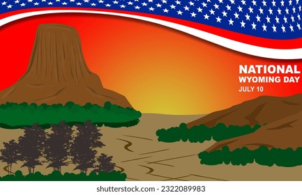 Illustration of Devils Tower national monument in northeast Wyoming, United States with Ribbon Frame background with America pattern above. commemorate National Wyoming Day
