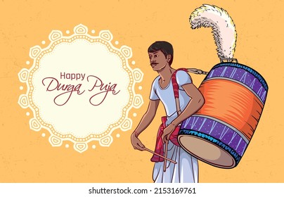 illustration of Dhaki playing Dhak Dhol in Happy Durga Puja. Bengali man playing Dhol in puja festival vector illustration.