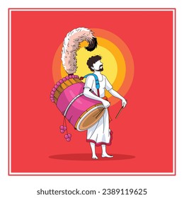 illustration of Dhaki playing Dhak Dhol in Happy Durga Puja vector. Bengali man playing Dhol in puja festival illustration.