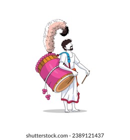 illustration of Dhaki playing Dhak Dhol in Happy Durga Puja vector. Bengali man playing Dhol in puja festival illustration.white background