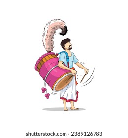 ilustración de Dhaki jugando Dhak Dhol en el vector Happy Durga Puja. Hombre bengalí tocando Dhol en la ilustración del festival puja. Fondo blanco