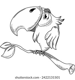 Illustration dhasing parrot on a branch black and white, tropical bird, summer