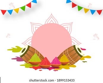 Illustration Of Dhol (Drum) Instruments With Dry Color (Gulal) Bowls And Bunting Flags On White Background With Space For Text.