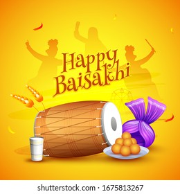 Ilustración de Dhol con Turban, Oído de Trigo, Dulce Indio (Laddu), Vidrio de los Lassi y el pueblo de Silhouette Punjabi bailando con fondo amarillo para la feliz celebración del Baisakhi.