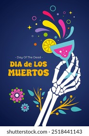 An illustration of Dia de los muertos, Day of the dead, Mexican holiday, festival. Skeleton hands holding cocktail drink