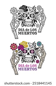 Ilustração de Dia de los muertos, Dia dos mortos, feriado mexicano, festival com mãos esqueléticas segurando crânio. Ilustração vetorial