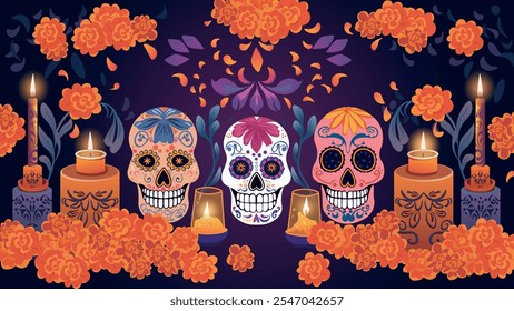 illustration for Dia de los Muertos featuring three beautifully decorated sugar skulls, vibrant marigold flowers, and a dark purple floral-patterned background. Inspired by Mexican traditions and cul