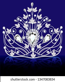 Illustration of diadem, crown, female tiara with precious stones with reflection