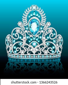 Illustration of diadem, crown, female tiara with precious stones with reflection