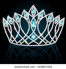 Illustration of diadem, crown, female tiara with precious stones with reflection