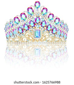 Illustration of diadem, crown, female tiara with precious stones with reflection