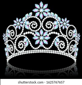 Illustration of diadem, crown, female tiara with precious stones with reflection