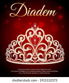 Illustration of diadem, crown, female tiara with precious stones 