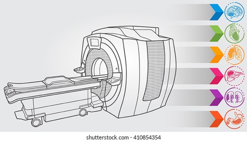 Illustration of diagnostic machine with simple design elements, clean line art for web and print design appealing for medical theme.