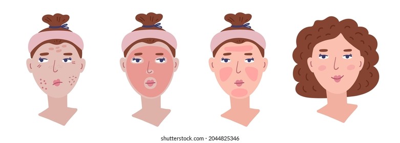 Illustration diagram of the application of a mask or cosmetic product for the face. Pretty girl is doing the procedure. Suitable for demonstration of peeling, masks, cosmetic skin care products.