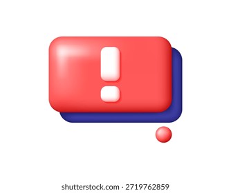 Ilustración de un cuadro de diálogo o una burbuja de chat con un signo de exclamación. Concepto de mensaje de advertencia, notificación si se produce un error. Señal de advertencia si ocurre un problema. Diseño de estilo 3D. Símbolo, fondo blanco