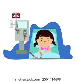Ilustración de un niño de diálisis con una máquina de diálisis, Vector de estilo plano