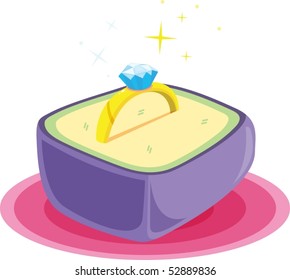 Illustration of a diamond ring in a case on a white background