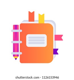 Illustration of a diary with bookmarks. Back to school and education icon isolated on white. Vector illustration. Element for infographic, decoration, banner, label, web design