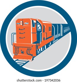 Illustration of a diesel train viewed from front set inside circle on isolated white background done in retro style.