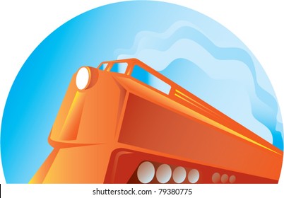 illustration of a diesel train viewed from low angle done in retro style on isolated background