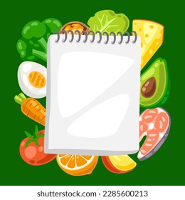 Illustration of dieting plan with food. Healthy eating and diet meal. Fruits, vegetables and proteins for proper nutrition.