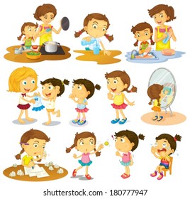 Illustration of the different actions of a young girl on a white background