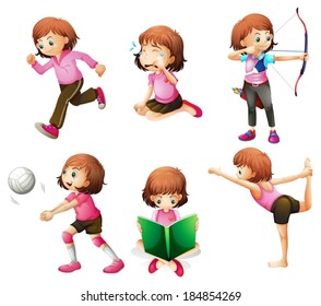 Illustration of the different activities of a little lady on a white background