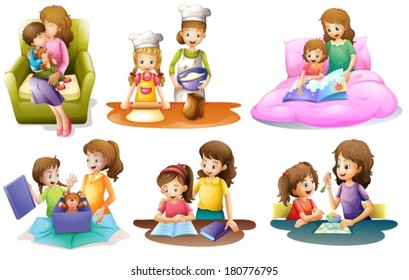 Illustration of the different activities of a mother and a child on a white background