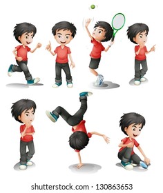 Illustration of the different activities of a young boy on a white background