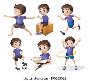 Illustration of the different activities of a young boy on a white background