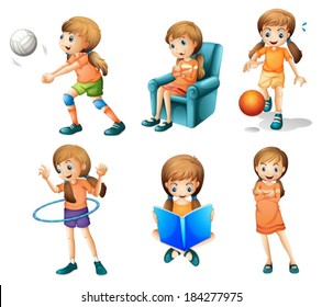 Illustration of the different activities of a young lady on a white background