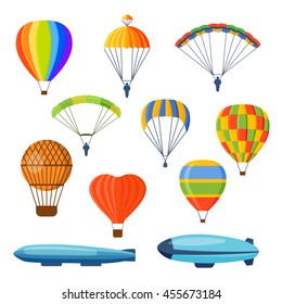 Illustration with different aerostats flat icons cartoon graphic