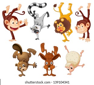 Illustration of the different animals doing handstands on a white background