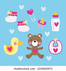 Illustration of different baby objects in pink tones and a teddy bear