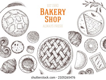 Illustration of different baked goods. Hand drawn vector illustration. Bakery sketch.  Background template for design. Engraved food image. Hand drawn sketch with bread, pastry, sweet.