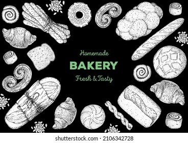 Illustration of different baked goods. Hand drawn vector illustration. Bakery sketch. Background template for design. Engraved food image. Hand drawn sketch with bread, pastry, sweet.