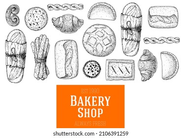 Illustration of different baked goods. Hand drawn vector illustration. Bakery sketch. Background template for design. Engraved food image. Hand drawn sketch with bread, pastry, sweet.