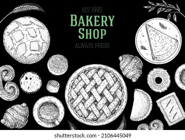 Illustration of different baked goods. Hand drawn vector illustration. Bakery sketch. Background template for design. Engraved food image. Hand drawn sketch with bread, pastry, sweet.