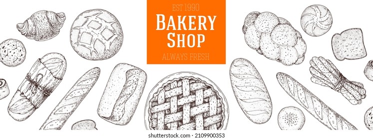 Illustration of different baked goods. Hand drawn vector illustration. Bakery sketch. Background template for design. Engraved food image. Hand drawn sketch with bread, pastry, sweet.