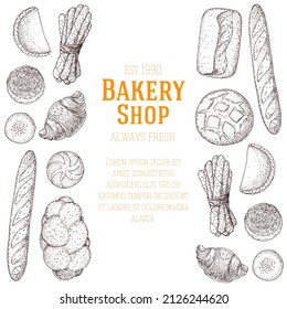 Ilustración de diferentes productos horneados. Ilustración vectorial dibujada a mano. Esbozo de panadería. Plantilla de fondo para el diseño. Imagen de comida grabada. Esbozo dibujado a mano con pan, pastelería, dulce.