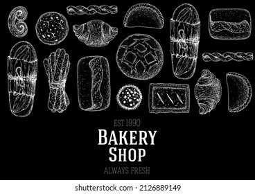 Illustration of different baked goods. Hand drawn vector illustration. Bakery sketch. Background template for design. Engraved food image. Hand drawn sketch with bread, pastry, sweet.