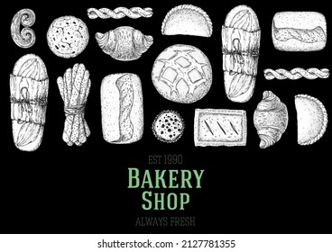 Illustration of different baked goods. Hand drawn vector illustration. Bakery sketch. Background template for design. Engraved food image. Hand drawn sketch with bread, pastry, sweet.