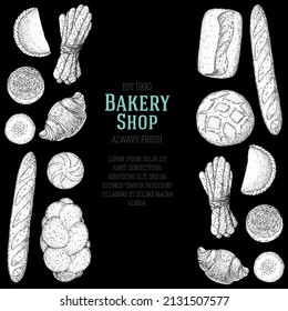 Illustration of different baked goods. Hand drawn vector illustration. Bakery sketch. Background template for design. Engraved food image. Hand drawn sketch with bread, pastry, sweet.