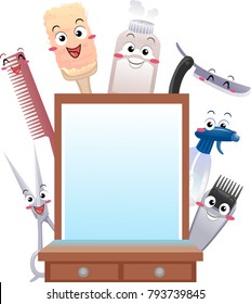 Illustration of Different Barber Shop Tool Mascots from Scissors to Razor Behind the Mirror