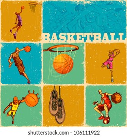 illustration of different basket ball action in collage background